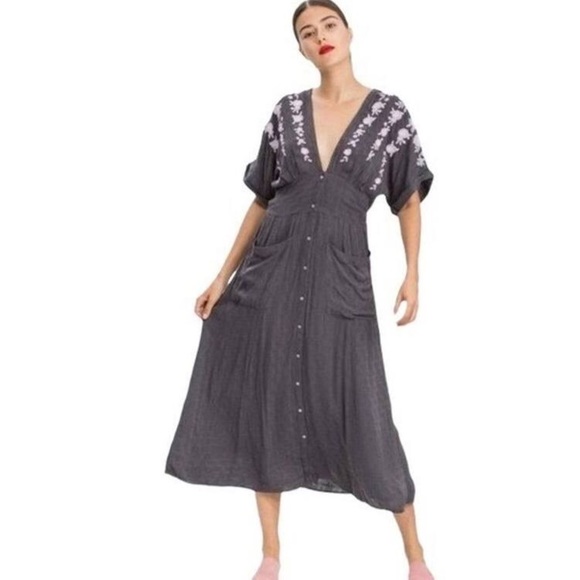 Free People Dresses & Skirts - Free People Love to Love You Gray Floral Embroidered Button Up Midi Dress Sz S